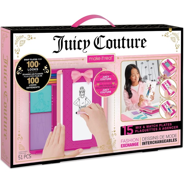 Make It Real Juicy Couture 패션 익스체인지 - 아동용 패션 디자인 키트 - 스크래치 플레이트, 스티커, 색연필 등이 포함된 아트 세트 - 소녀들을 위한 선물