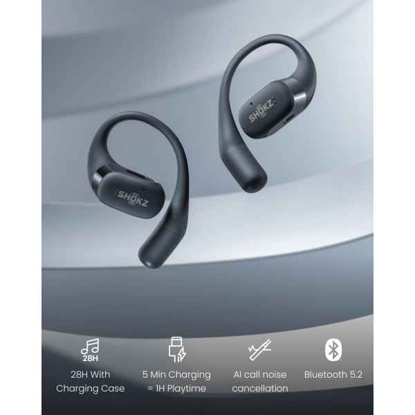 SHOKZ OpenFit True Wireless 이어버드(TWS), Open Ear Bluetooth 무선 헤드폰, OpenBass 알고리즘을 사용한 오디오 우수성, 28시간 런타임, 사무/레저/스포츠를 위한 동반자, 블랙 블랙