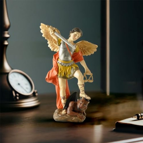 BonzaPicks 11.42인치 세인트 마이클 동상, 세인트 마이클 대천사는 사탄 컬렉션 인형, 종교 수집용 천사 조각상(컬러)에 승리를 거두었습니다.