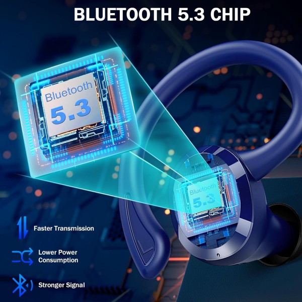 Rulefiss Bluetooth 스포츠 헤드폰, 무선 Bluetooth 5.3 HiFi 스테레오 헤드폰, HD 마이크가 장착된 13mm 드라이버 무선 이어버드, 브래킷이 있는 48시간 인이어 이어폰, IP7 방수, USB