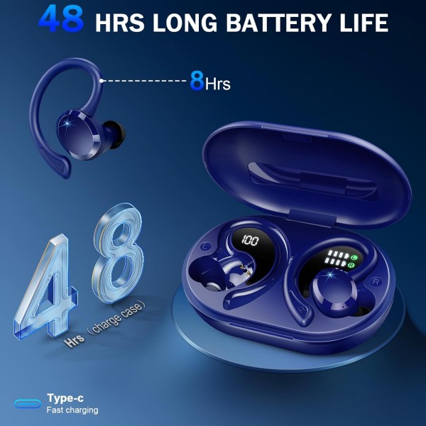 Rulefiss Bluetooth 스포츠 헤드폰, 무선 Bluetooth 5.3 HiFi 스테레오 헤드폰, HD 마이크가 장착된 13mm 드라이버 무선 이어버드, 브래킷이 있는 48시간 인이어 이어폰, IP7 방수, USB