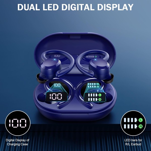 Rulefiss Bluetooth 스포츠 헤드폰, 무선 Bluetooth 5.3 HiFi 스테레오 헤드폰, HD 마이크가 장착된 13mm 드라이버 무선 이어버드, 브래킷이 있는 48시간 인이어 이어폰, IP7 방수, USB