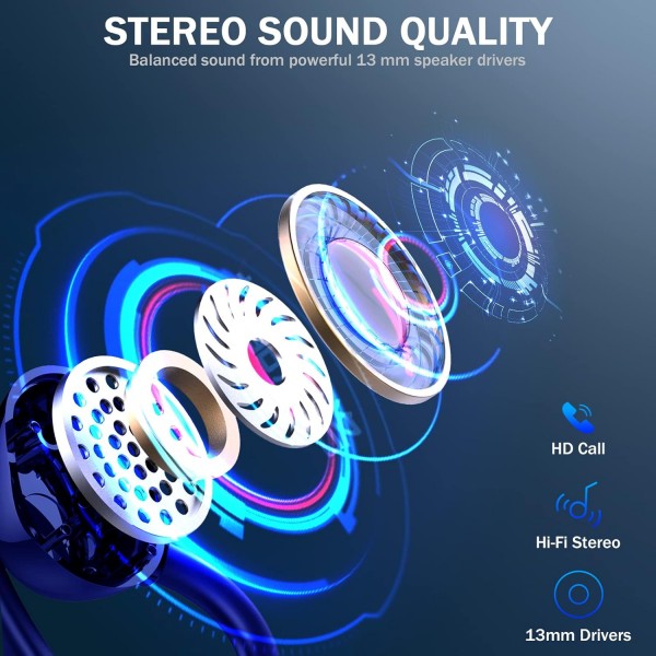 Rulefiss Bluetooth 스포츠 헤드폰, 무선 Bluetooth 5.3 HiFi 스테레오 헤드폰, HD 마이크가 장착된 13mm 드라이버 무선 이어버드, 브래킷이 있는 48시간 인이어 이어폰, IP7 방수, USB