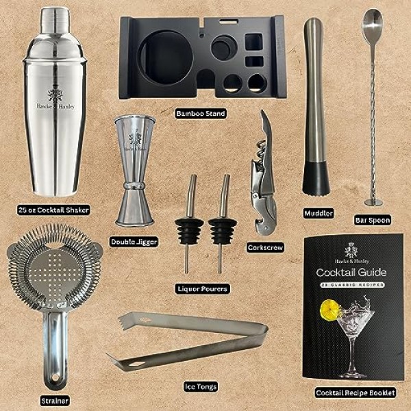 Hawke & Hanley Mixology 바텐더 키트: 마티니 셰이커, 바 도구 및 검은색 대나무 스탠드가 포함된 칵테일 셰이커 바 세트 | 레시피북이 포함된 바텐딩 키트 | 독특한 집들이 