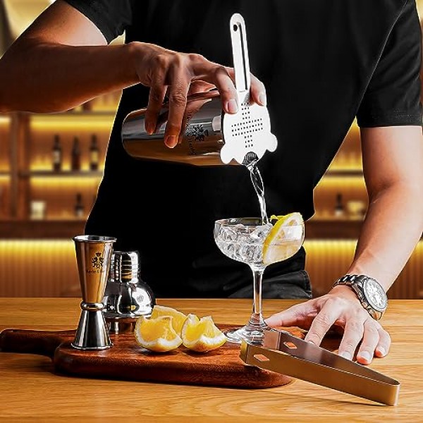 Hawke & Hanley Mixology 바텐더 키트: 마티니 셰이커, 바 도구 및 검은색 대나무 스탠드가 포함된 칵테일 셰이커 바 세트 | 레시피북이 포함된 바텐딩 키트 | 독특한 집들이 