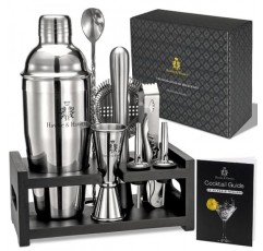 Hawke & Hanley Mixology 바텐더 키트: 마티니 셰이커, 바 도구 및 검은색 대나무 스탠드가 포함된 칵테일 셰이커 바 세트 | 레시피북이 포함된 바텐딩 키트 | 독특한 집들이 