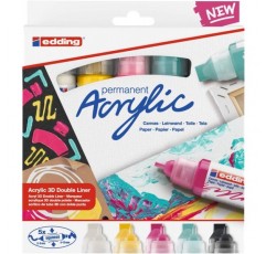 edding 5400 아크릴 3D 더블라이너 - 블랙, 화이트, 옐로우, 핑크, 터콰이즈 - 5 아크릴 페인트 세트 튜브(기본) - 더블 팁 2-3.5-10 mm - 캔버스, 목재용 아크릴 페인트 - 아티스