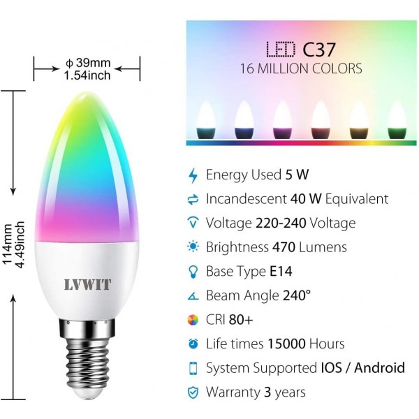 밝기 조절이 가능한 E14 WiFi 촛불 LED 전구, LVWIT C37 스마트 WiFi RGB 전구, 470Lm, 5W 교체 40와트, Alexa, Echo 및 Google Assistant와 호환 가능, 희미한 TUYA/스마트 라이프 앱(4개 팩) 4