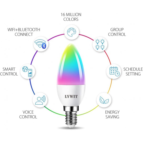 밝기 조절이 가능한 E14 WiFi 촛불 LED 전구, LVWIT C37 스마트 WiFi RGB 전구, 470Lm, 5W 교체 40와트, Alexa, Echo 및 Google Assistant와 호환 가능, 희미한 TUYA/스마트 라이프 앱(4개 팩) 4