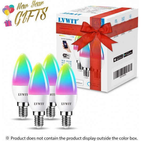 밝기 조절이 가능한 E14 WiFi 촛불 LED 전구, LVWIT C37 스마트 WiFi RGB 전구, 470Lm, 5W 교체 40와트, Alexa, Echo 및 Google Assistant와 호환 가능, 희미한 TUYA/스마트 라이프 앱(4개 팩) 4