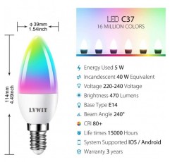 밝기 조절이 가능한 E14 WiFi 촛불 LED 전구, LVWIT C37 스마트 WiFi RGB 전구, 470Lm, 5W 교체 40와트, Alexa, Echo 및 Google Assistant와 호환 가능, 희미한 TUYA/스마트 라이프 앱(4개 팩) 4