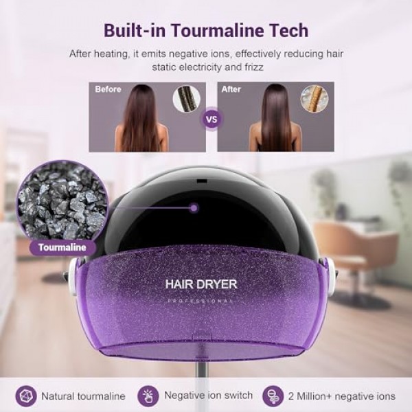 이온 후드 헤어 드라이어, 강력한 1875W, 3가지 온도 설정, 전기 이온 헤어 케어, 가정 및 전문 스타일리스트를 위한 롤링 휠이 있는 휴대용 살롱 헤어 드라이어, 보라색