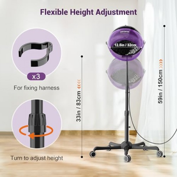 이온 후드 헤어 드라이어, 강력한 1875W, 3가지 온도 설정, 전기 이온 헤어 케어, 가정 및 전문 스타일리스트를 위한 롤링 휠이 있는 휴대용 살롱 헤어 드라이어, 보라색