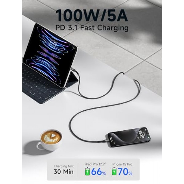 JSAUX 100W USB C - USB C 케이블 3.3FT+3.3FT 2팩 5A USB Type-C 고속 충전 코드 iPhone 15/15 Plus/15 Pro Max MacBook Pro/Air iPad Pro Mini S23 S22 Z 플립 픽셀 스위치와 호환 가능 검정색