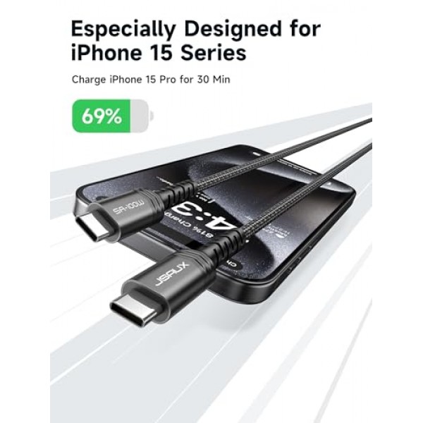 JSAUX 100W USB C - USB C 케이블 3.3FT+3.3FT 2팩 5A USB Type-C 고속 충전 코드 iPhone 15/15 Plus/15 Pro Max MacBook Pro/Air iPad Pro Mini S23 S22 Z 플립 픽셀 스위치와 호환 가능 검정색