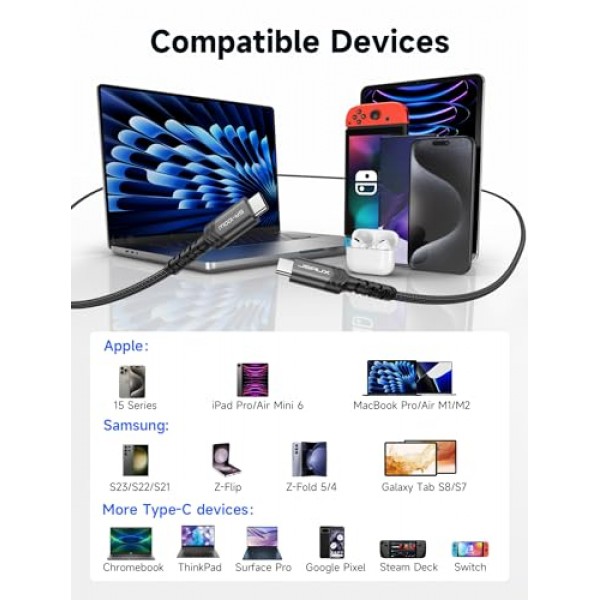 JSAUX 100W USB C - USB C 케이블 3.3FT+3.3FT 2팩 5A USB Type-C 고속 충전 코드 iPhone 15/15 Plus/15 Pro Max MacBook Pro/Air iPad Pro Mini S23 S22 Z 플립 픽셀 스위치와 호환 가능 검정색