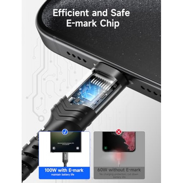 JSAUX 100W USB C - USB C 케이블 3.3FT+3.3FT 2팩 5A USB Type-C 고속 충전 코드 iPhone 15/15 Plus/15 Pro Max MacBook Pro/Air iPad Pro Mini S23 S22 Z 플립 픽셀 스위치와 호환 가능 검정색