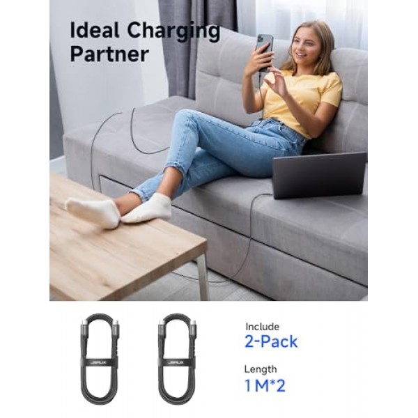 JSAUX 100W USB C - USB C 케이블 3.3FT+3.3FT 2팩 5A USB Type-C 고속 충전 코드 iPhone 15/15 Plus/15 Pro Max MacBook Pro/Air iPad Pro Mini S23 S22 Z 플립 픽셀 스위치와 호환 가능 검정색