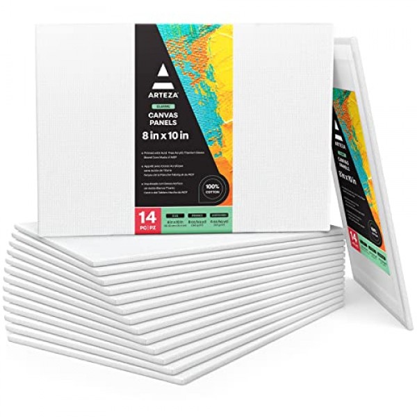 그림용 ARTEZA 캔버스 보드, 14개 팩, 8 x 10인치, 그림용 빈 흰색 아트 캔버스, 아크릴, 오일 및 구아슈 그림용 미술 용품