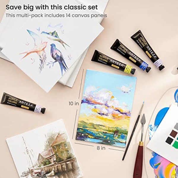 그림용 ARTEZA 캔버스 보드, 14개 팩, 8 x 10인치, 그림용 빈 흰색 아트 캔버스, 아크릴, 오일 및 구아슈 그림용 미술 용품