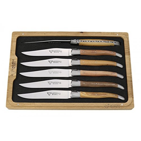 Laguiole en Aubrac 럭셔리 완전 단조 풀 탱 스테인레스 스틸 스테이크 나이프 6피스 세트, 혼합 프렌치 우드 핸들, 스테인레스 스틸 매트 볼스터