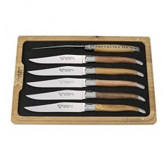 Laguiole en Aubrac 럭셔리 완전 단조 풀 탱 스테인레스 스틸 스테이크 나이프 6피스 세트, 혼합 프렌치 우드 핸들, 스테인레스 스틸 매트 볼스터