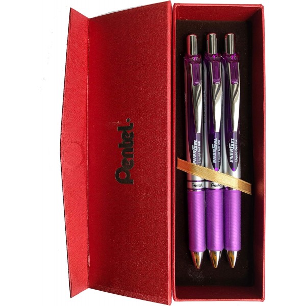 Pentel BL77 젤 롤러 볼펜 EnerGel with push mechanism, 퍼플 3개 + 레드 케이스, 0.7mm (선물 세트)