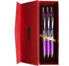 Pentel BL77 젤 롤러 볼펜 EnerGel with push mechanism, 퍼플 3개 + 레드 케이스, 0.7mm (선물 세트)