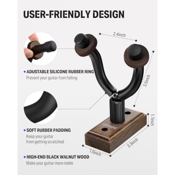 Donner 기타 벽걸이 걸이 6팩, 어쿠스틱 일렉트릭 기타, 베이스, 포크 우쿨렐레, 바이올린, 만돌린 밴조 및 현악기용 검은 호두나무 기타 벽 홀더