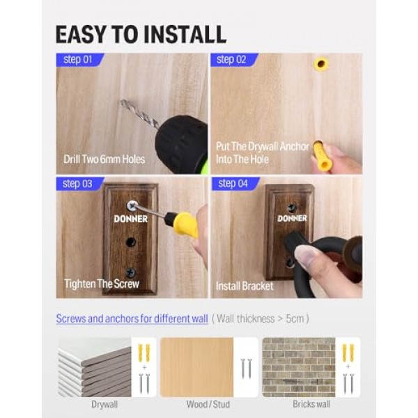 Donner 기타 벽걸이 걸이 6팩, 어쿠스틱 일렉트릭 기타, 베이스, 포크 우쿨렐레, 바이올린, 만돌린 밴조 및 현악기용 검은 호두나무 기타 벽 홀더