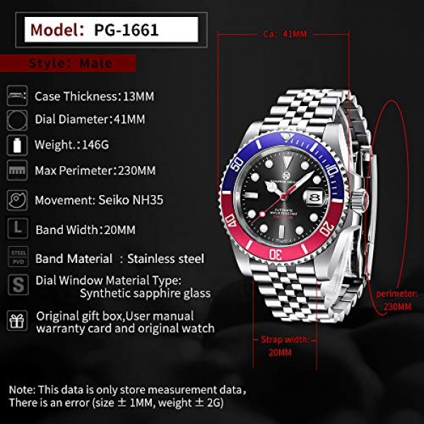 PAGRNE DESIGN 남성용 시계 자동 기계식 우아한 비즈니스 남성용 시계 일본식 무브먼트 NH35 41 mm 스테인레스 스틸 사파이어 거울 100 m 방수, 실버