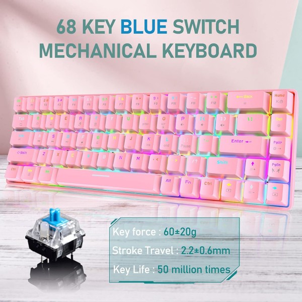 4-in-1 게임용 키보드 및 마우스 세트 68키 RGB 크로마 백라이트 기계식 키보드 6400 DPI 마우스 게임용 헤드셋 PS4/스위치/Xbox One-Pink Blue 스위치 핑크/블루 스위치와 호환되