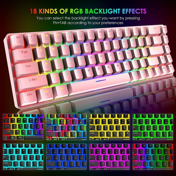 4-in-1 게임용 키보드 및 마우스 세트 68키 RGB 크로마 백라이트 기계식 키보드 6400 DPI 마우스 게임용 헤드셋 PS4/스위치/Xbox One-Pink Blue 스위치 핑크/블루 스위치와 호환되