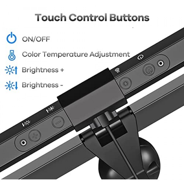HIOUME 모니터 라이트 바, 책상/사무실/가정용 USB 전원 LED 컴퓨터 조명, 3가지 색온도 조절 가능, 10단계 밝기 조절, 화면 눈부심 없음, 검정색
