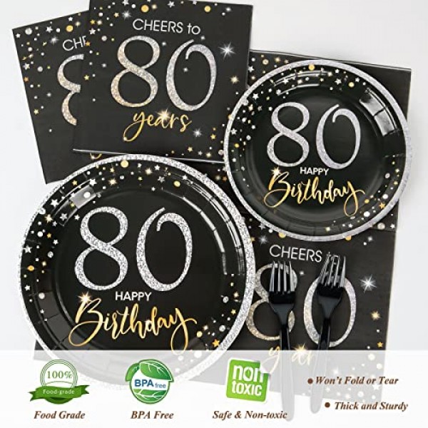 DECORLIFE 80주년 생일 접시 및 냅킨 세트 24개 제공, 남성과 여성을 위한 80개의 생일 장식, 포크 포함, 총 96개