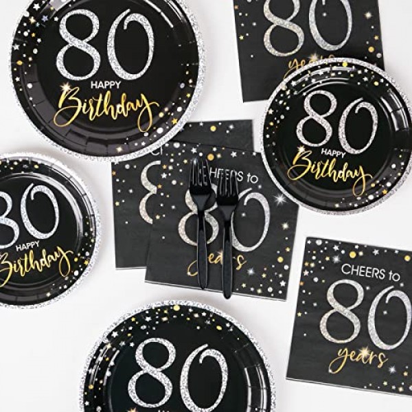 DECORLIFE 80주년 생일 접시 및 냅킨 세트 24개 제공, 남성과 여성을 위한 80개의 생일 장식, 포크 포함, 총 96개