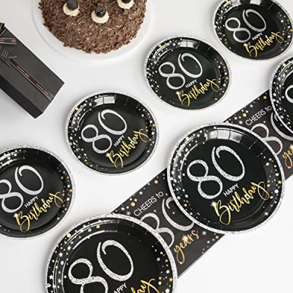 DECORLIFE 80주년 생일 접시 및 냅킨 세트 24개 제공, 남성과 여성을 위한 80개의 생일 장식, 포크 포함, 총 96개