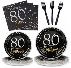 DECORLIFE 80주년 생일 접시 및 냅킨 세트 24개 제공, 남성과 여성을 위한 80개의 생일 장식, 포크 포함, 총 96개