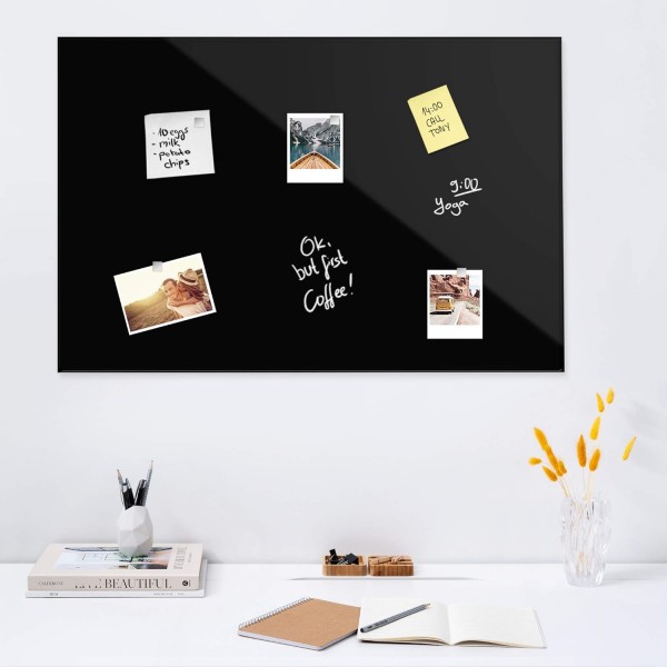 Navaris 마그네틱 보드 유리로 만든 마그네틱 보드 - 90x60cm 필기용 마그네틱 보드 - 블랙 마그네틱 보드 - 자석 펜 홀더 포함