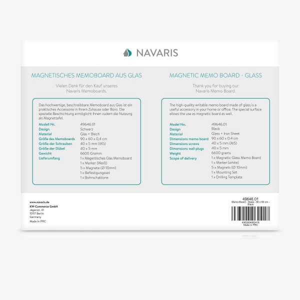 Navaris 마그네틱 보드 유리로 만든 마그네틱 보드 - 90x60cm 필기용 마그네틱 보드 - 블랙 마그네틱 보드 - 자석 펜 홀더 포함