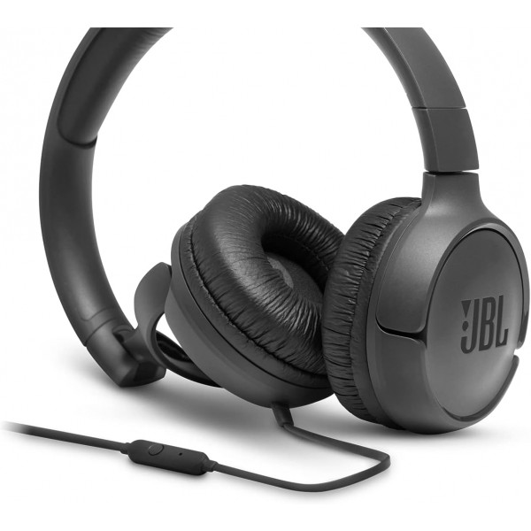 검정색 케이블이 포함된 JBL Tune500 온이어 헤드폰 - 1버튼 리모콘, 통합 마이크 및 음성 어시스턴트가 있는 이어폰 - 이동 중에도 전화를 걸고 음악을 들을 수 있는 검정