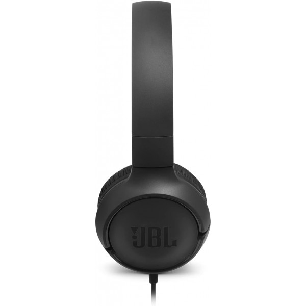 검정색 케이블이 포함된 JBL Tune500 온이어 헤드폰 - 1버튼 리모콘, 통합 마이크 및 음성 어시스턴트가 있는 이어폰 - 이동 중에도 전화를 걸고 음악을 들을 수 있는 검정