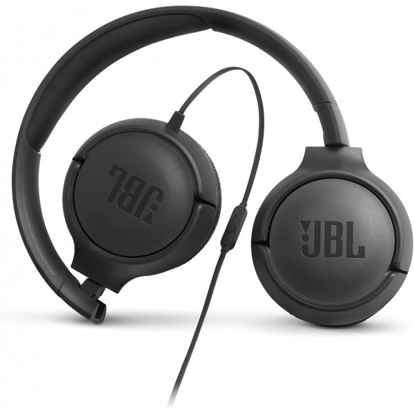 검정색 케이블이 포함된 JBL Tune500 온이어 헤드폰 - 1버튼 리모콘, 통합 마이크 및 음성 어시스턴트가 있는 이어폰 - 이동 중에도 전화를 걸고 음악을 들을 수 있는 검정