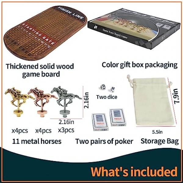 경마 보드 게임 레이싱 게임 단단한 나무, 11개의 고급스럽고 내구성이 뛰어난 클래식 금속 말, 주사위 4개, 카드 상자 2개 결승선 경마 게임(러스틱 브라운)