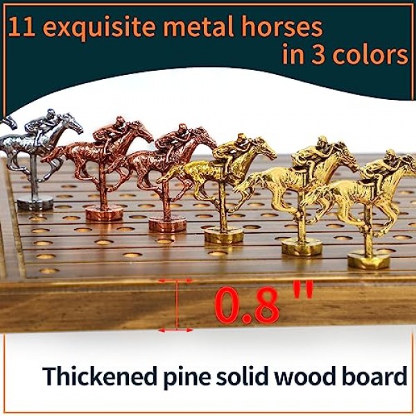 경마 보드 게임 레이싱 게임 단단한 나무, 11개의 고급스럽고 내구성이 뛰어난 클래식 금속 말, 주사위 4개, 카드 상자 2개 결승선 경마 게임(러스틱 브라운)