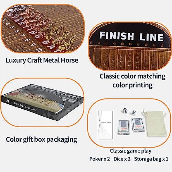 경마 보드 게임 레이싱 게임 단단한 나무, 11개의 고급스럽고 내구성이 뛰어난 클래식 금속 말, 주사위 4개, 카드 상자 2개 결승선 경마 게임(러스틱 브라운)