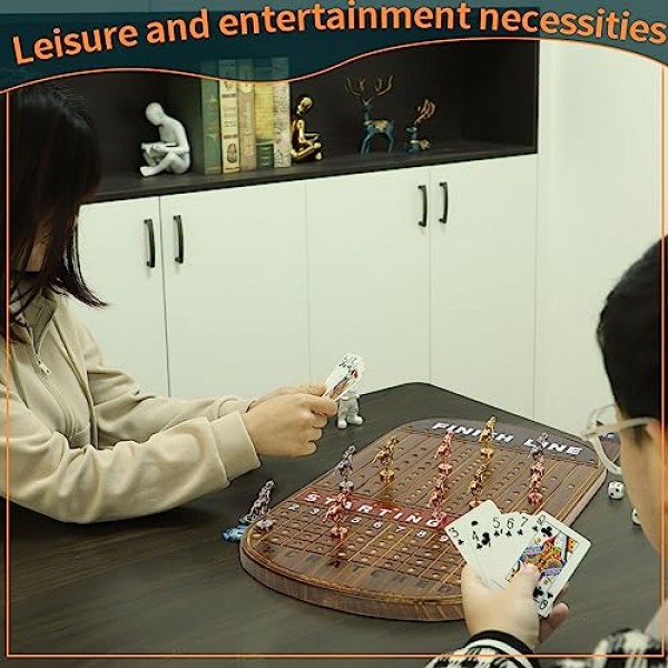 경마 보드 게임 레이싱 게임 단단한 나무, 11개의 고급스럽고 내구성이 뛰어난 클래식 금속 말, 주사위 4개, 카드 상자 2개 결승선 경마 게임(러스틱 브라운)