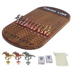 경마 보드 게임 레이싱 게임 단단한 나무, 11개의 고급스럽고 내구성이 뛰어난 클래식 금속 말, 주사위 4개, 카드 상자 2개 결승선 경마 게임(러스틱 브라운)