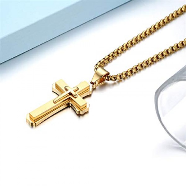 JewelryWe 남성용 목걸이, 스테인레스 스틸 클래식 크로스 펜던트, 22인치 체인, 실버/골드/블랙, 무료 각인, 스테인레스 스틸