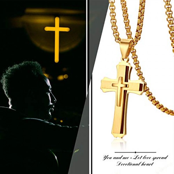 JewelryWe 남성용 목걸이, 스테인레스 스틸 클래식 크로스 펜던트, 22인치 체인, 실버/골드/블랙, 무료 각인, 스테인레스 스틸